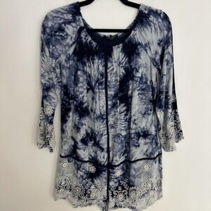 Romeo  & Juliet Contour Blue White Tie-Dye Lace‎ Long Sleeve Short Dress Small